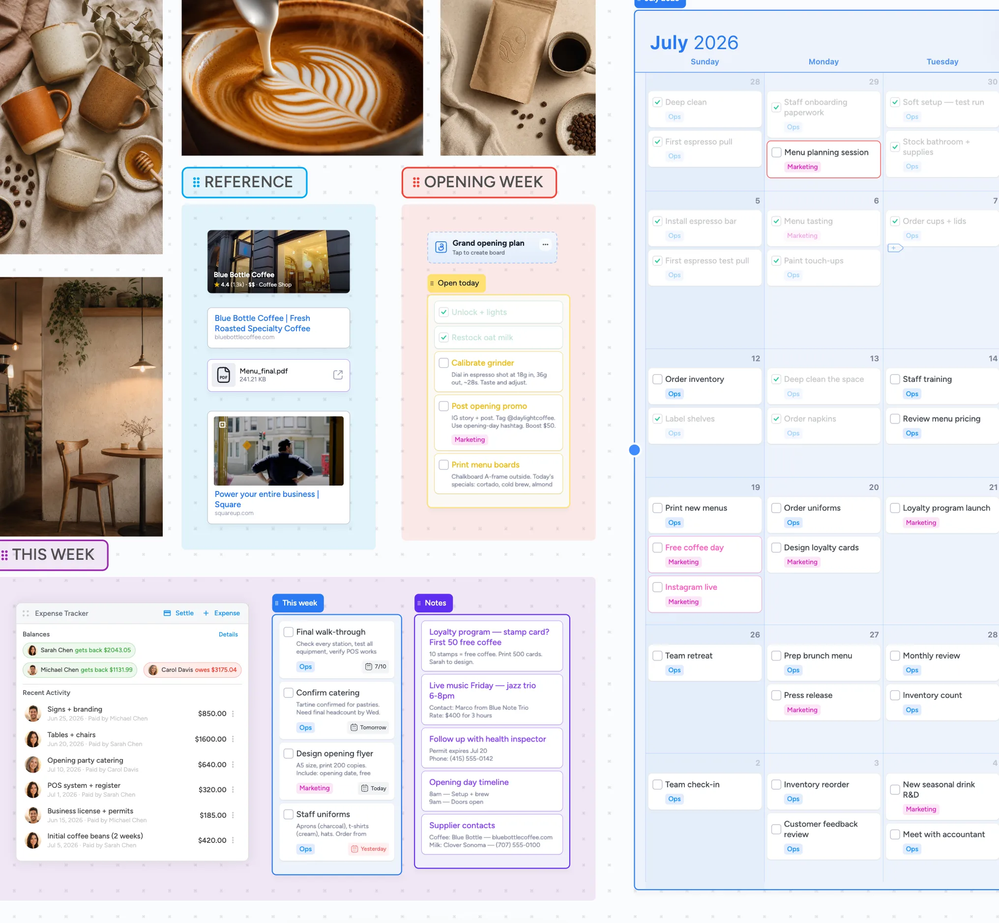 An Instaboard canvas with tasks, notes, and files arranged freely — like paper, not a spreadsheet